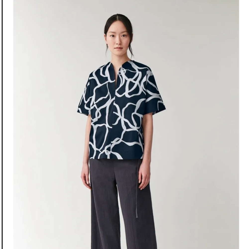 Cos, Rounded Neck,Womens, Size S, Navy and White Patterned Blouse